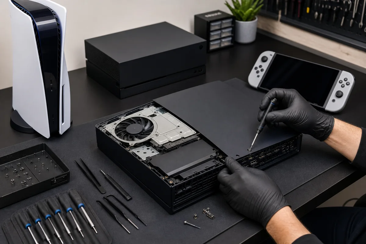 Opened game console internals being inspected on a professional repair bench