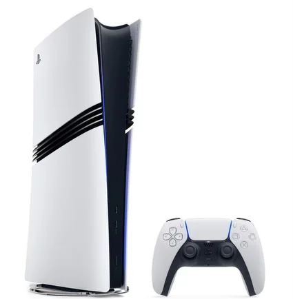 A white PlayStation 5 Pro console (disc edition) standing vertically next to its white DualSense wireless controller, shown against a clean white background. The console features the characteristic black central stripe with subtle ventilation lines.