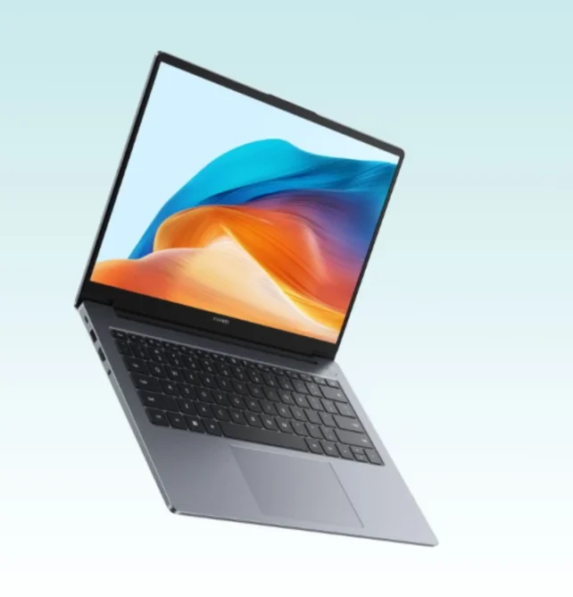 A Huawei MateBook D 14 laptop (gray/silver model) floating at an angle against a light blue gradient background, lid open, displaying a colorful abstract wave wallpaper in blue, orange, and purple on the screen.