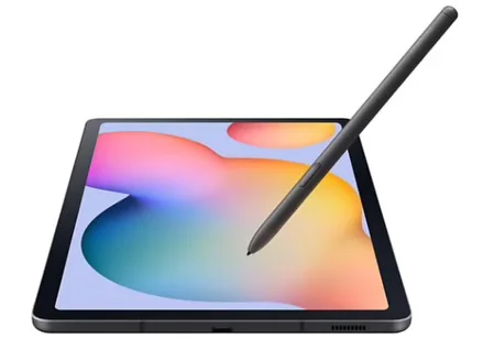 A Samsung Galaxy Tab S6 Lite (2022 refresh) placed at an angle on a white background, with its black S Pen resting diagonally across the screen. The display shows a bright, colorful abstract gradient wallpaper in pink, orange, yellow, and blue.